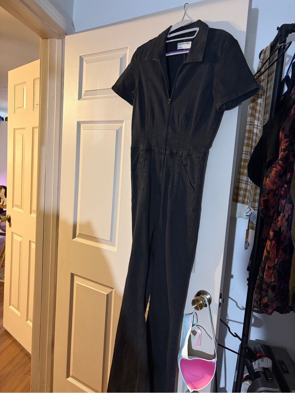 We The Free Black Short-Sleeve Zip-Front Jumpsuit